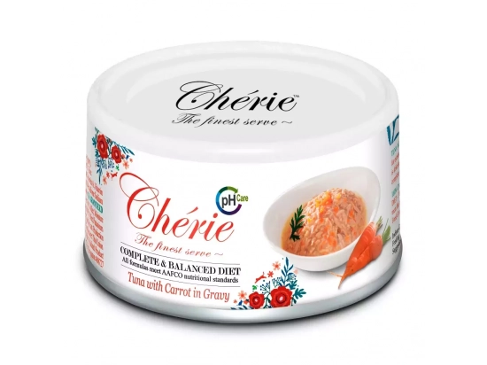 Фото - влажный корм (консервы) Cherie (Шери) Tuna with Carrots консервы для поддержания мочевыводящих путей у котов ТУНЕЦ И МОРКОВЬ (кусочки в соусе)