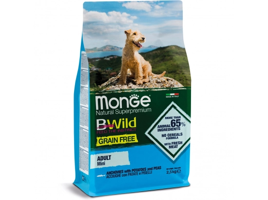 Фото - сухий корм Monge Dog BWild Grain Free Mini Adult Anchovies, Potatoes & Peas сухий беззерновий корм для собак дрібних порід АНЧОУСИ, КАРТОПЛЯ та ГОРОХ