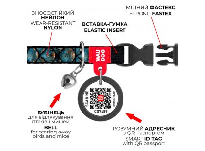 Фото 6 -  шлейки, ошейники Collar WAUCAT Nylon нейлоновый ошейник для кошек с QR адресником, пластиковый фастекс, ЧЕШУЯ