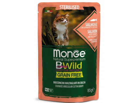 Фото - влажный корм (консервы) Monge Cat Bwild Grain Free Sterilised Salmon, Shrimps & Vegetables влажный корм для стерилизованных кошек ЛОСОСЬ, КРЕВЕТКИ и ОВОЩИ, пауч