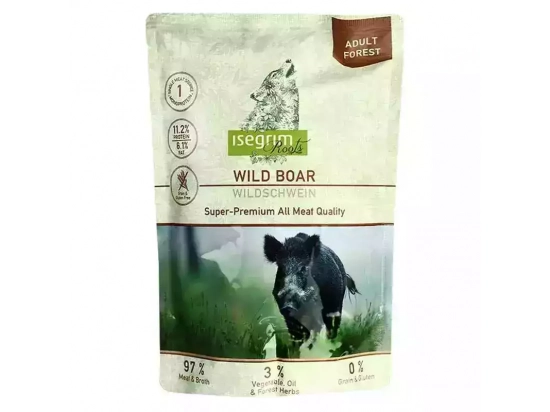 Фото - влажный корм (консервы) Isegrim (Изегрим) Pouch Roots Wild Boar Monoprotein Консервы для собак с мясом дикого кабана, пастернаком, льняным маслом и лесными травами, 410 г