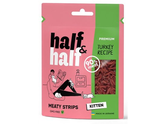 Фото - ласощі Half&Half Meaty Strips Kitten Turkey ласощі м'ясні шматочки для кошенят ІНДИЧКА