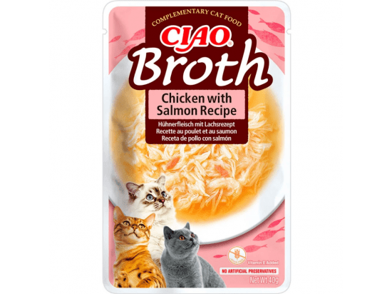 Фото - вологий корм (консерви) Inaba Cat Ciao Broth Chicken with Salmon вологий корм для котів бульйон КУРКА з ЛОСОСЕМ