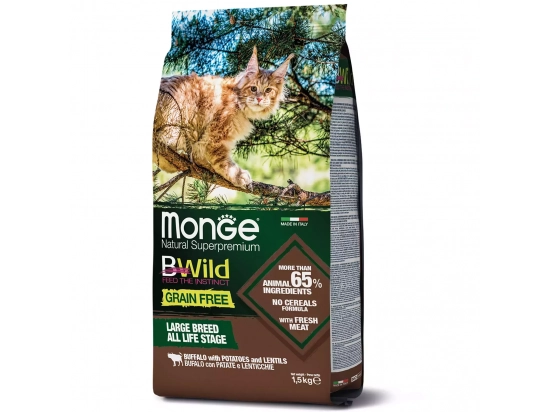 Фото - сухий корм Monge Cat Bwild Grain Free Buffalo, Potatoes & Lentils сухий беззерновий корм для кішок великих порід БУЙВОЛ, КАРТОФЕЛЯ та СОЧЕВИЦЯ