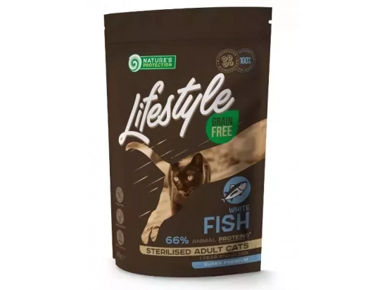 Фото - сухой корм Natures Protection Lifestyle GRAIN FREE WHITE FISH STERILISED беззерновой корм для стерилизованных взрослых кошек БЕЛАЯ РЫБА