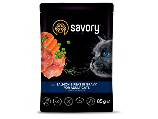 Фото - влажный корм (консервы) Savory (Сейвори) ADULT CAT POUCH with SALMON and PEAS in GRAVY влажный корм для взрослых кошек, кусочки в соусе, ЛОСОСЬ и ГОРОХ