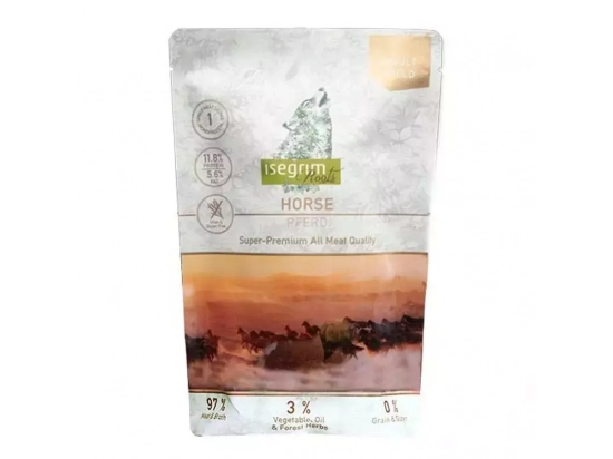 Фото 2 -  влажный корм (консервы) Isegrim (Изегрим) Pouch Roots Horse Monoprotein Консервы для собак с кониной, овощами, льняным маслом и полевыми травами, 410 г