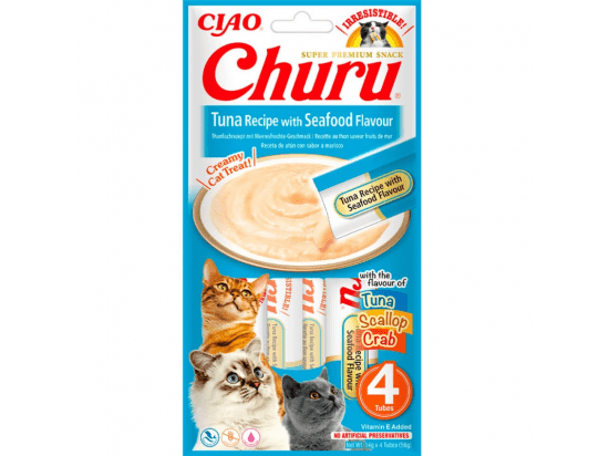 Фото - ласощі Inaba Cat Churu Tuna and Seafood ласощі для котів вершковий мус ТУНЕЦЬ та МОРЕПРОДУКТИ