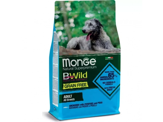 Фото - сухий корм Monge Dog BWild Grain Безкоштовний Adult All Breeds Anchovies сухий беззерновий корм для собак усіх порід АНЧОУСИ