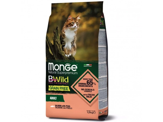 Фото - сухий корм Monge Cat BWild Grain Free Salmon & Peas сухий беззерновий корм для котів ЛОСОСЬ та ГОРІХ