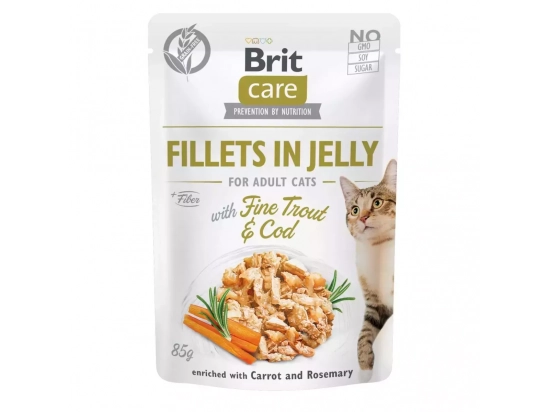 Фото - влажный корм (консервы) Brit Care Cat Fillets in Jelly Adult Trout, Cod, Carrot & Rosemary консервы для кошек ТРЕСКА и ФОРЕЛЬ