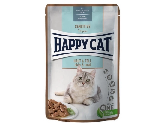 Фото - вологий корм (консерви) Happy Cat (Хепі Кет) MEAT IN SAUCE SENSITIVE SKIN & COAT вологий корм для котів з чутливою шкірою та шерстю