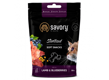 Фото - ласощі Savory (Сейворі) Sterillized Soft Snack Lamb & Blueberries м'які ласощі для стерилізованих котів ЯГНЯ та ЧОРНИЦЯ