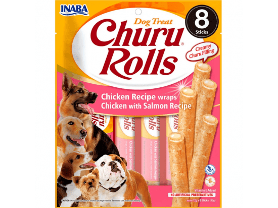 Фото - ласощі Inaba Dog Churu Rolls Chicken and Salmon ласощі для собак роли КУРКА та ЛОСОСЬ