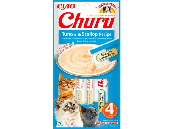 Фото - ласощі Inaba Cat Churu Tuna and Scallop ласощі для котів вершковий мус ТУНЕЦЬ та МОРСЬКИЙ ГРЕБІНЕЦЬ