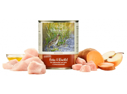 Фото - влажный корм (консервы) Hubertus Gold (Хубертус Голд) Chicken & Quail консервы для собак КУРИЦА, ПЕРЕПЕЛКА, БАТАТ, ЯБЛОКО И МАСЛОМ ЧЕРНОГО ТМИНА