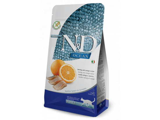 Фото - сухой корм Farmina (Фармина) N&D Grain Free Ocean Herring & Orange Adult беззерновой корм для кошек СЕЛЬДЬ и АПЕЛЬСИН