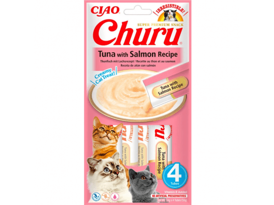 Фото - ласощі Inaba Cat Churu Tuna and Salmon ласощі для котів вершковий мус ТУНЕЦЬ та ЛОСОСЬ