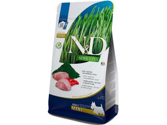 Фото - сухий корм Farmina (Фарміна) N&D Spirulina Lamb Adult Mini сухий корм для дорослих собак дрібних порід ЯГНЯ, СПІРУЛІНА ТА ЯГОДИ ГОДЖІ