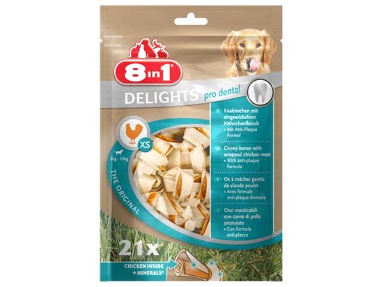 Фото - 8in1 (8в1) Delights Pro Dental XS Bag - кістки для очищення зубів з м'ясом та мінералами - ласощі для собак ласощі 8in1 (8в1) Delights Pro Dental XS Bag - кістки для очищення зубів з м'ясом та мінералами - ласощі для собак