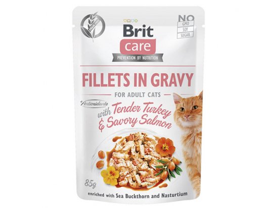 Фото - Brit Care Cat Fillets in Gravy Adult Turkey, Salmon, Sea Buckthorn & Nasturtium консерви для котів у соусі ІНДИЧКА та ЛОСОСЬ вологий корм (консерви) Brit Care Cat Fillets in Gravy Adult Turkey, Salmon, Sea Buckthorn & Nasturtium консерви для котів у соусі ІНДИЧКА та ЛОСОСЬ