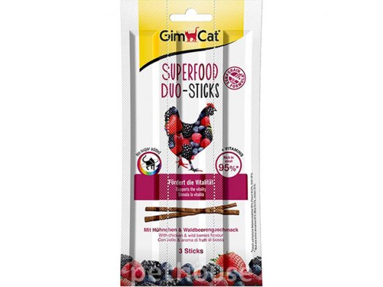 Фото - корм та ласощі Gimcat Superfood Duo Sticks СHICKEN & FOREST BERRIES (ДУО СТИКС КУРКА ТА ЯГОДИ) ласощі для котів, 3 шт