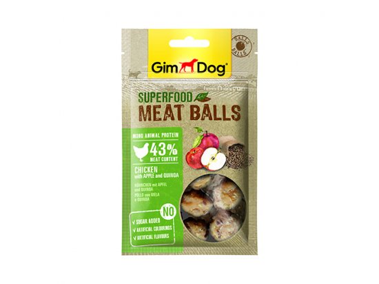 Фото - Gimdog Superfood мясные шарики для собак Курица с яблоком и киноа лакомства Gimdog Superfood мясные шарики для собак Курица с яблоком и киноа