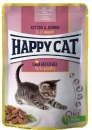 Фото - влажный корм (консервы) Happy Cat (Хэппи Кет) MEAT IN SAUCE KITTEN & JUNIOR FARM POULTRY влажный корм для котят кусочки в соусе ПТИЦА