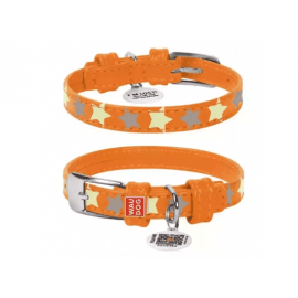 Collar WAUDOG Glamour кожаный СВЕТООТРАЖАЮЩИЙ ошейник для собак узор ЗВЕЗДОЧКА, ОРАНЖЕВЫЙ