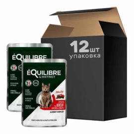 eQuilibre & Instinct BEEF, BEAN & TOMATO STRIPS консерви для стерилізованих котів, шматочки в соусі ЯЛОВИЧИНА, КВАСОЛЯ І ТОМАТИ