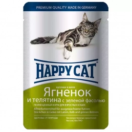 Happy Cat (Хэппи Кет) LAMM, KALB & BOHN GELEE влажный корм для кошек кусочки в желе ЯГНЕНОК, ТЕЛЯТИНА И ЗЕЛЕНАЯ ФАСОЛЬ