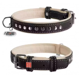 Collar WAUDOG Soft кожаный ошейник с заклепками для собак c QR паспортом, черный