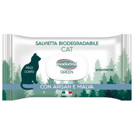Inodorina Green Pantenolo влажные биоразлагаемые салфетки для кошек с короткой шерстью с аргановым маслом и мальвой