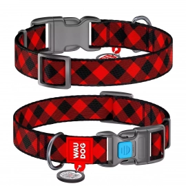 Collar WAUDOG Nylon ошейник нейлоновый c QR паспортом, пластиковый фастекс, ШОТЛАНДКА КРАСНАЯ