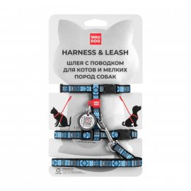 Collar WAUDOG Nylon шлея с поводком для кошек и мелких пород собак с QR паспортом, пластиковый фастекс, ЭТНО СИНИЙ