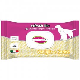 Inodorina Refresh Bio влажные биоразлагаемые гигиенические салфетки с ароматом ванили и карите для собак и кошек