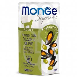 Monge Supreme Adult Cat Tuna Flakes, Mussels & Olives влажный корм для кошек ТУНЕЦ, МИДИИ и ОЛИВКИ
