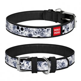 Collar WAUDOG ЧЕРНО-БЕЛЫЕ ЧЕРЕПА кожаный ошейник для собак, черный