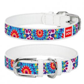 Collar WAUDOG ЦВЕТЫ кожаный ошейник для собак, белый