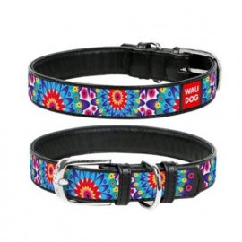 Collar WAUDOG ЦВЕТЫ кожаный ошейник для собак, черный