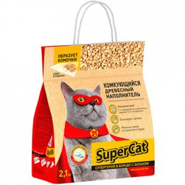 SUPER CAT Наполнитель Суперкет древесный КОМКУЮЩИЙСЯ (с совком), 2,1 кг